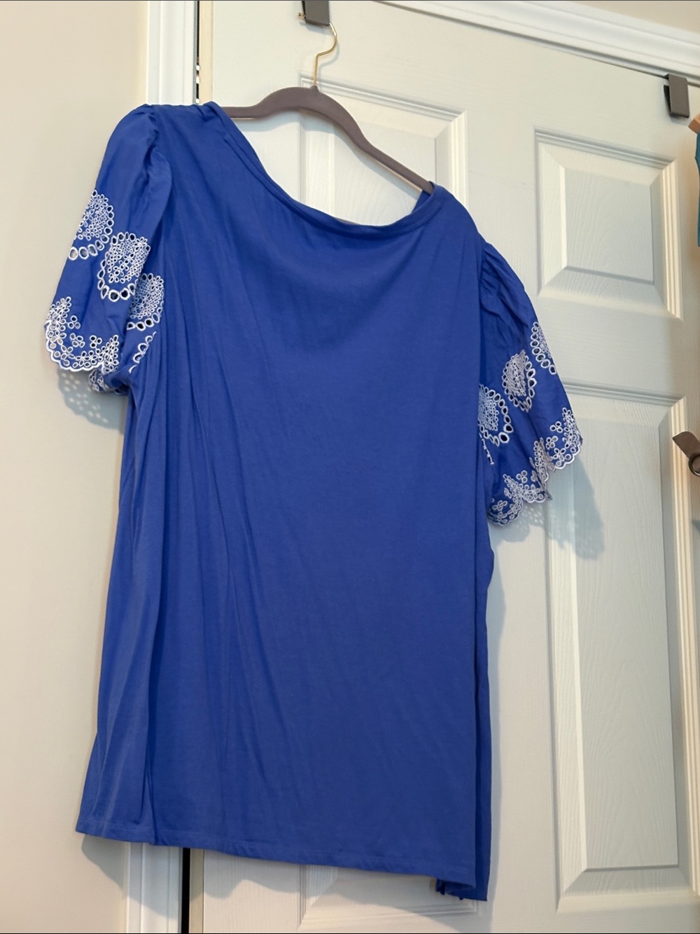 Talbots Royal Blue Short Sleeve Top with White Eyelet Trim